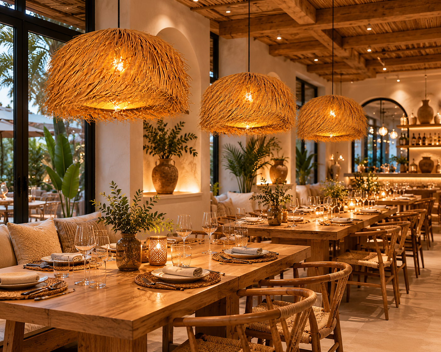 Handwoven Straw Dome Pendant Light – Rustic Boho Rattan Hanging Lamp for Hospitality & Interior Projects