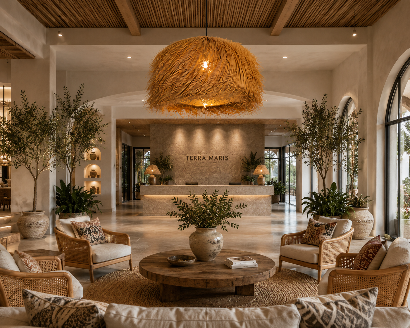 Handwoven Straw Dome Pendant Light – Rustic Boho Rattan Hanging Lamp for Hospitality & Interior Projects