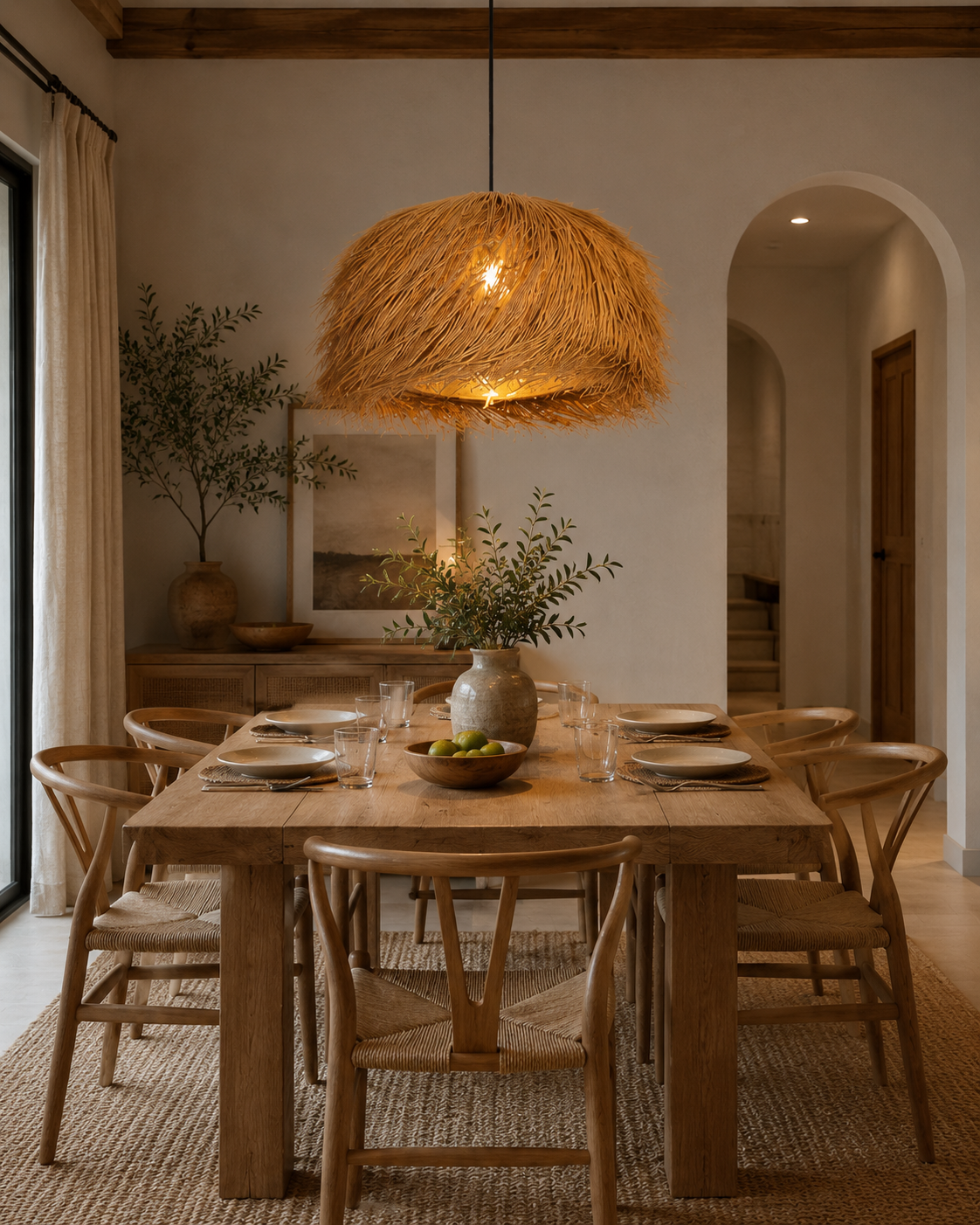 Handwoven Straw Dome Pendant Light – Rustic Boho Rattan Hanging Lamp for Hospitality & Interior Projects