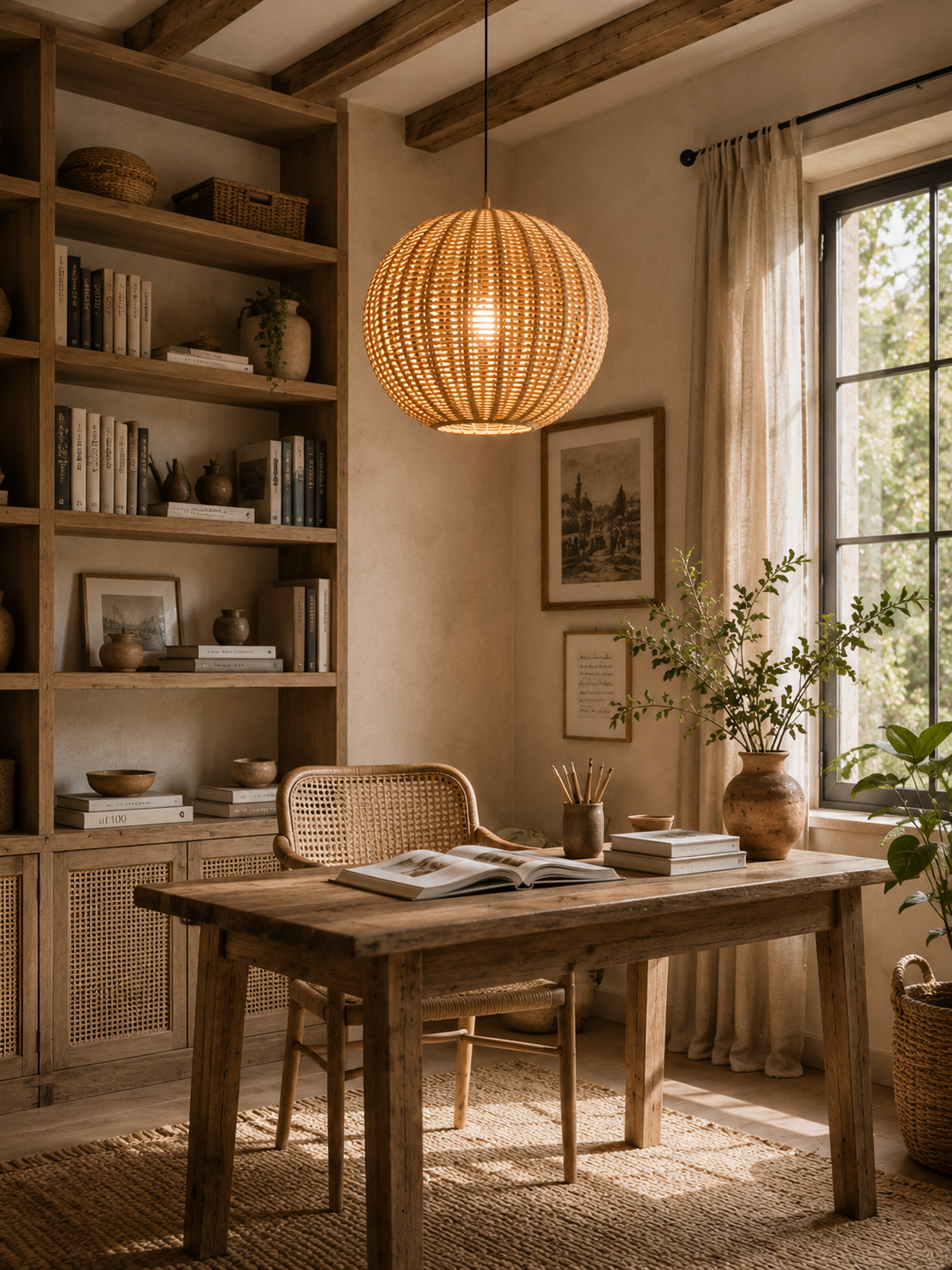 Handwoven Globe Rattan Pendant Light – Scandinavian Organic Hanging Lamp for Hospitality & Interior Projects