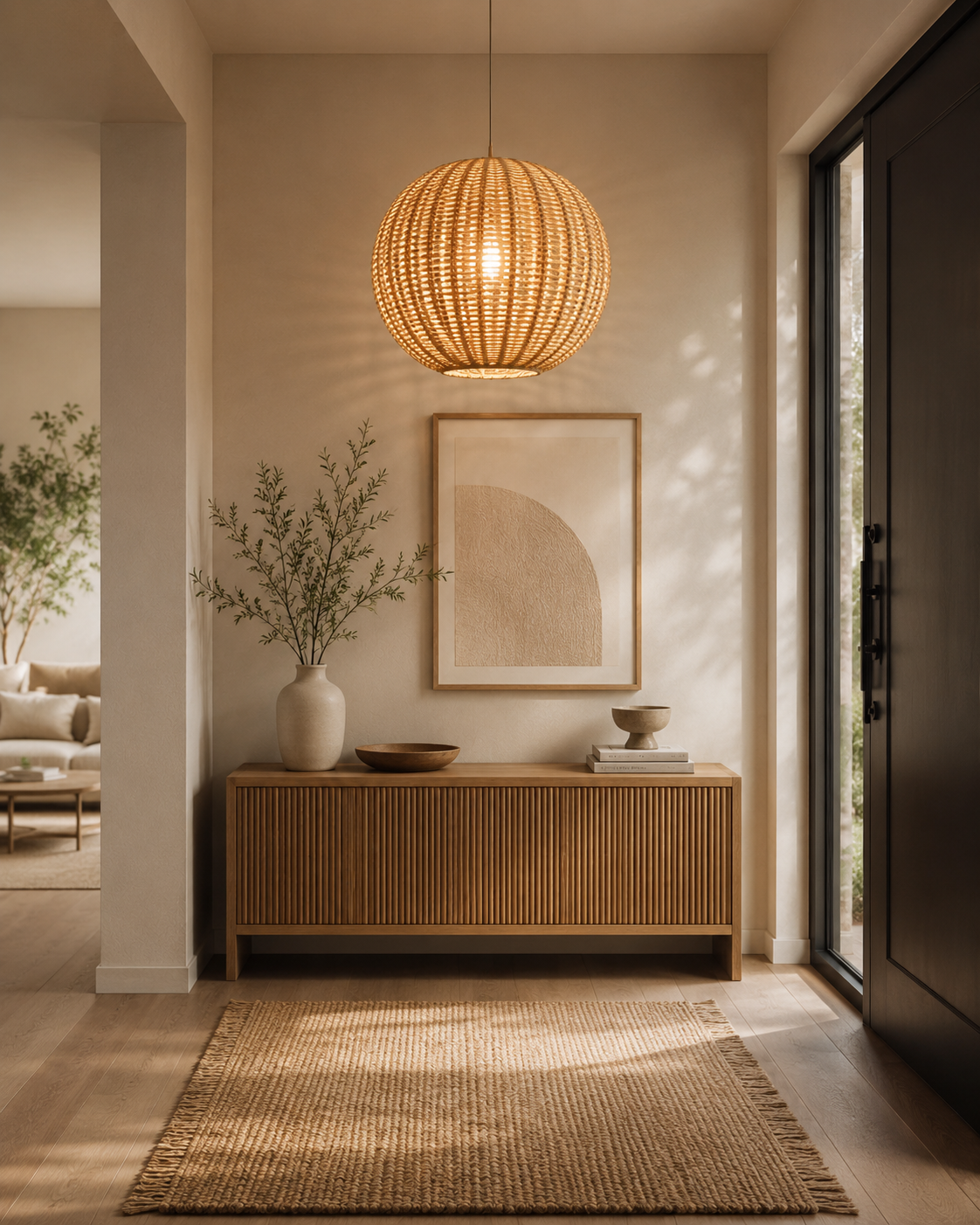 Handwoven Globe Rattan Pendant Light – Scandinavian Organic Hanging Lamp for Hospitality & Interior Projects