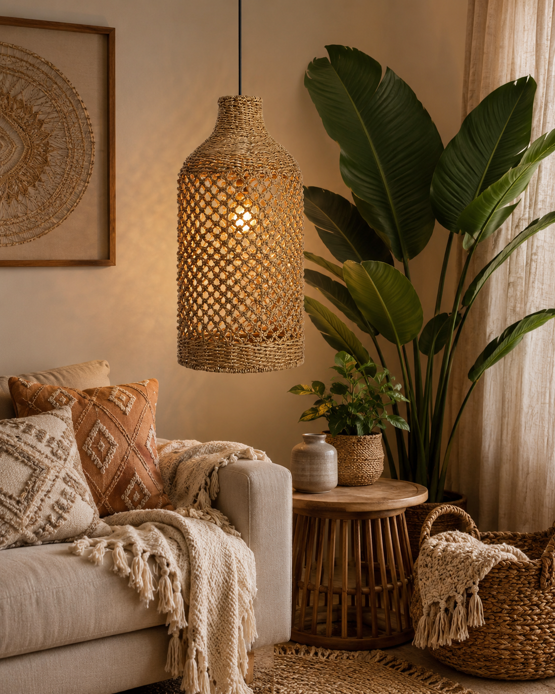 Handwoven Open Weave Rattan Pendant Light – Rustic Organic Hanging Lamp for Hospitality & Commercial Interiors