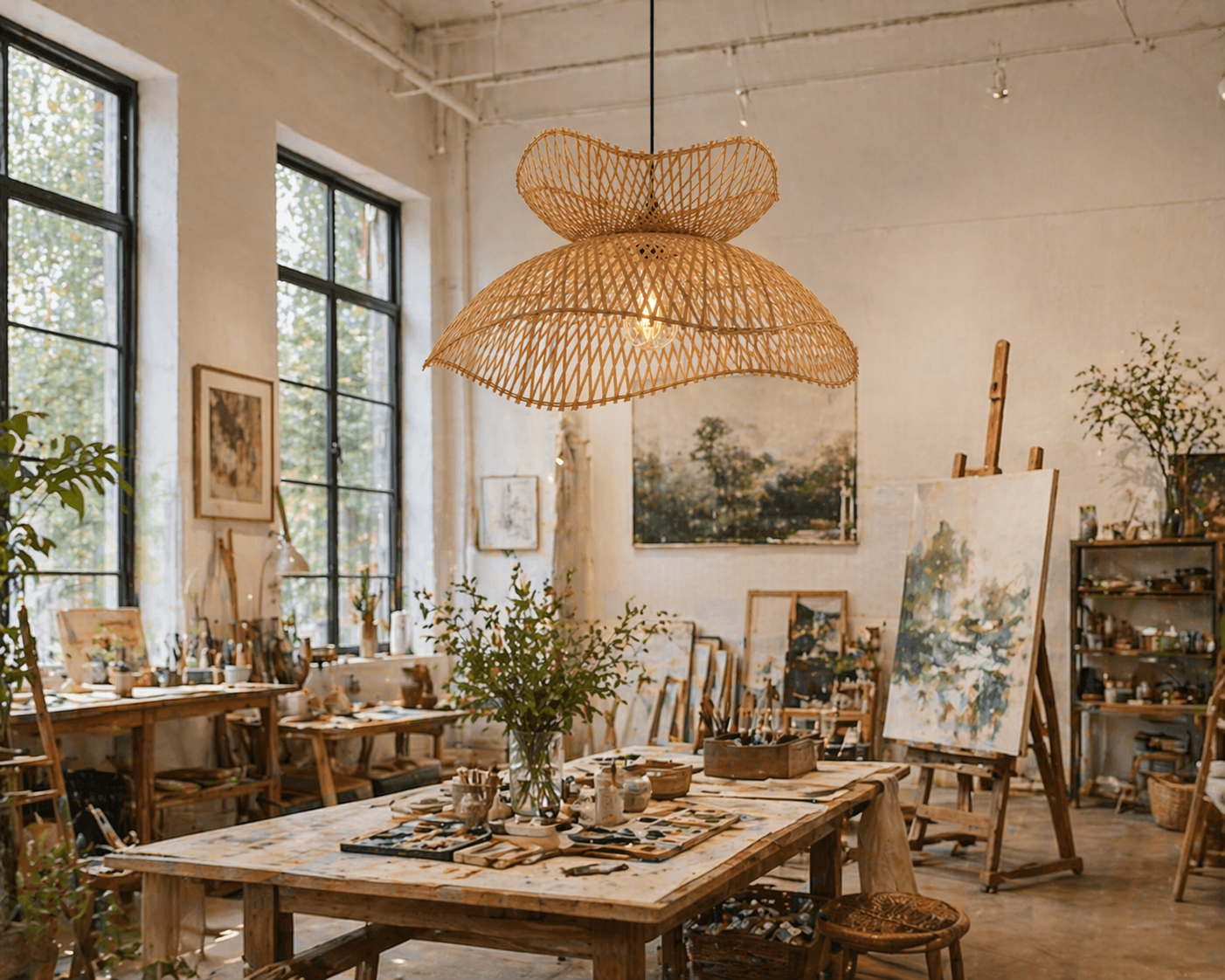 Modern Sculptural Woven Bamboo Pendant Light Artistic Boho Ceiling Lamp