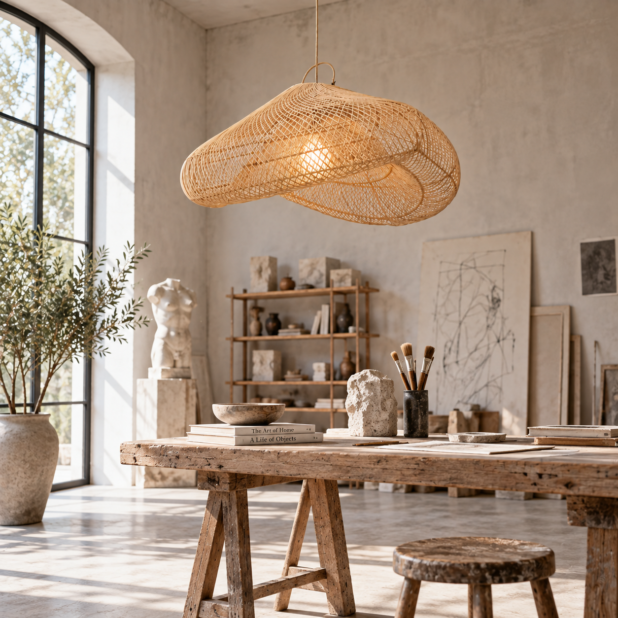 Sculptural Handwoven Rattan Pendant Light for Hotel Restaurant Resort Projects