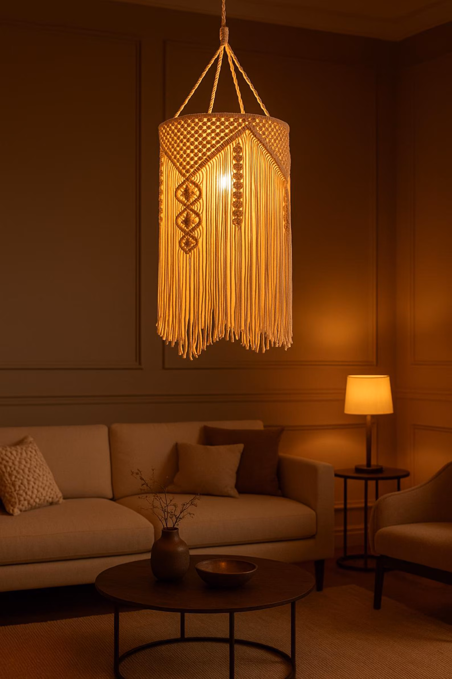 Handmade Macrame Cotton Rope Pendant Light Boho Hanging Ceiling Lamp for Hotel Resort Interior Projects