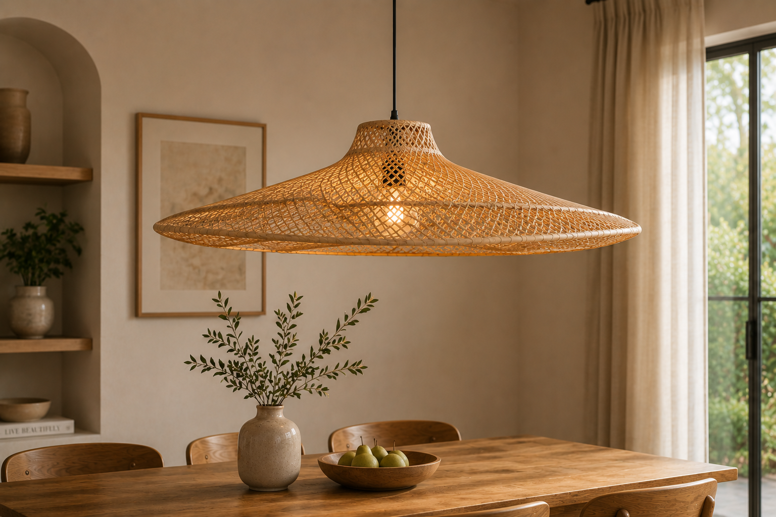 Large Modern Handwoven Rattan Pendant Light Natural Boho Ceiling Lamp