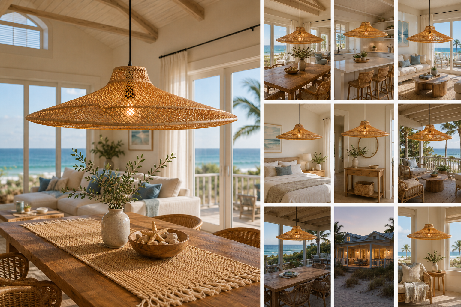 Large Modern Handwoven Rattan Pendant Light Natural Boho Ceiling Lamp