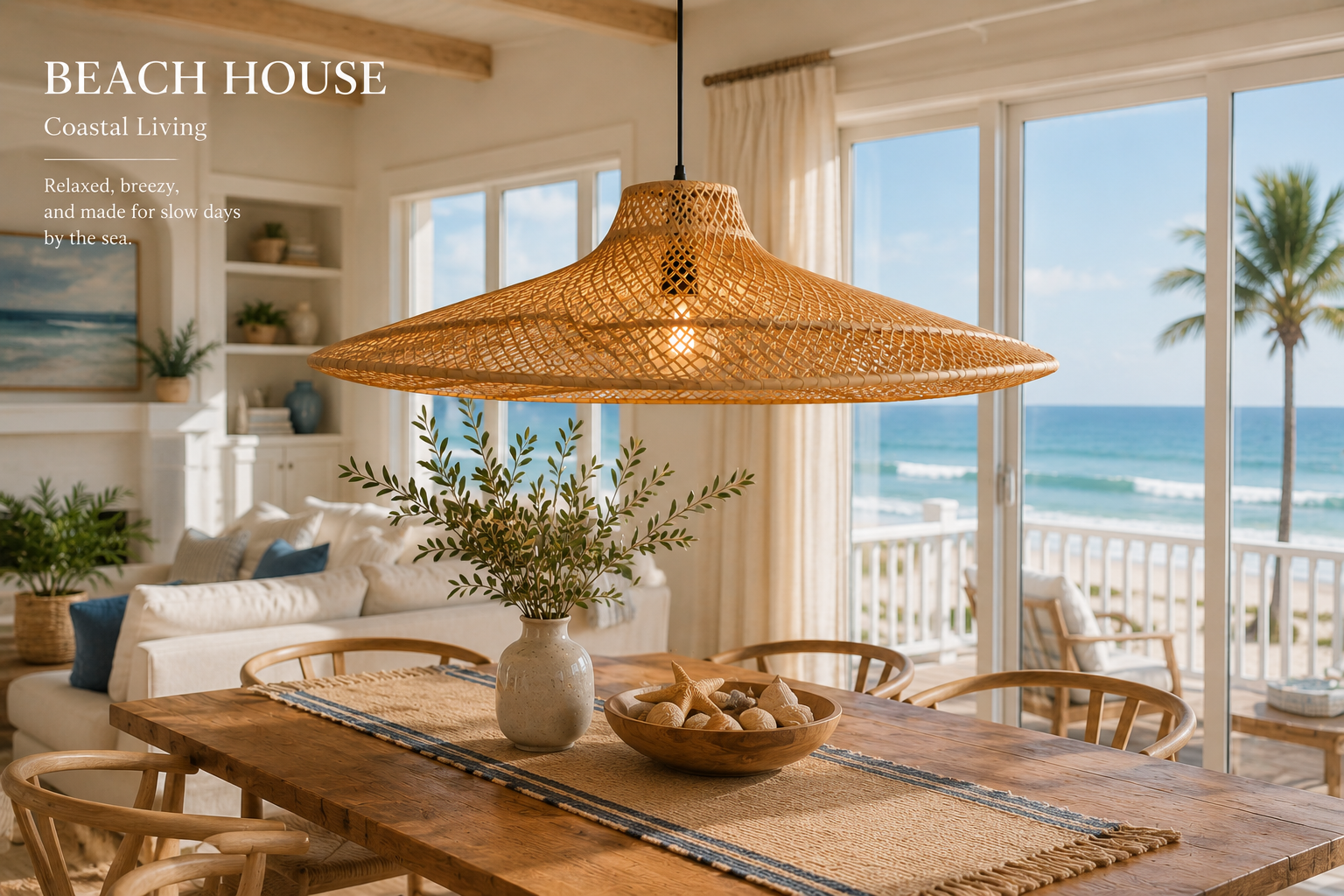 Large Modern Handwoven Rattan Pendant Light Natural Boho Ceiling Lamp