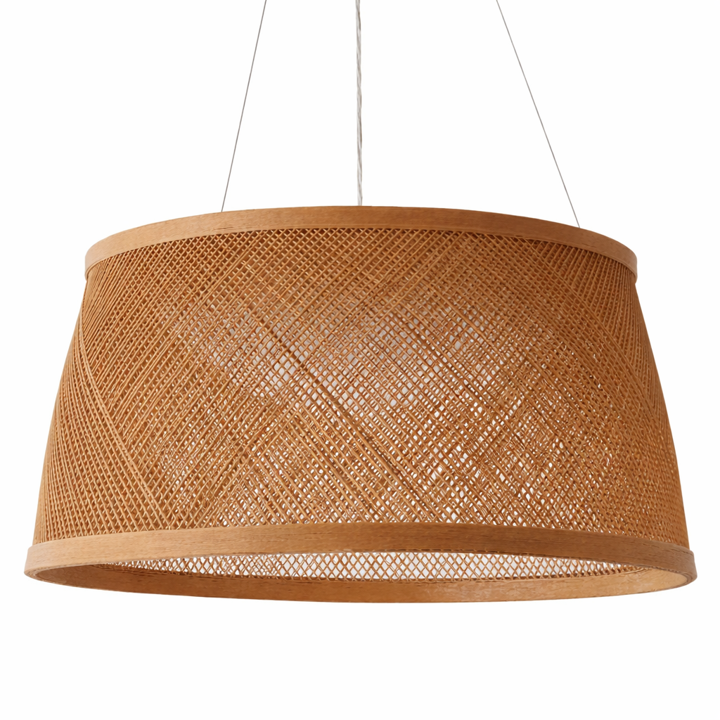 Boho Handwoven Rattan Pendant Light Drum Shade Natural Wicker Hanging Lamp