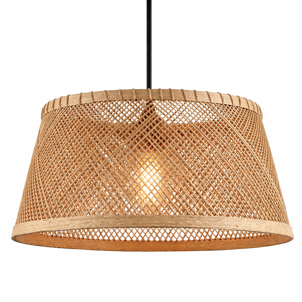 Boho Handwoven Rattan Pendant Light Drum Shade Natural Wicker Hanging Lamp