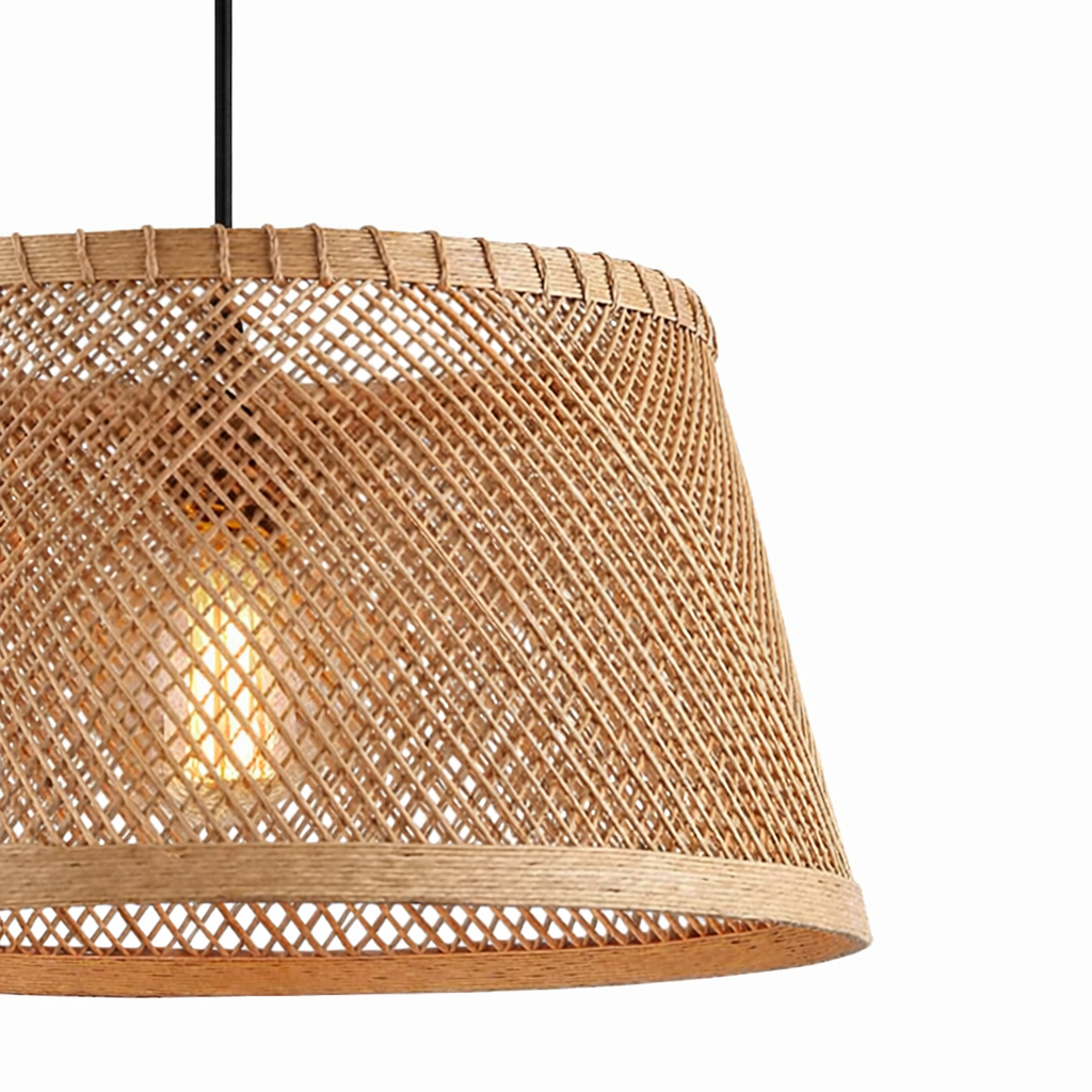 Boho Handwoven Rattan Pendant Light Drum Shade Natural Wicker Hanging Lamp