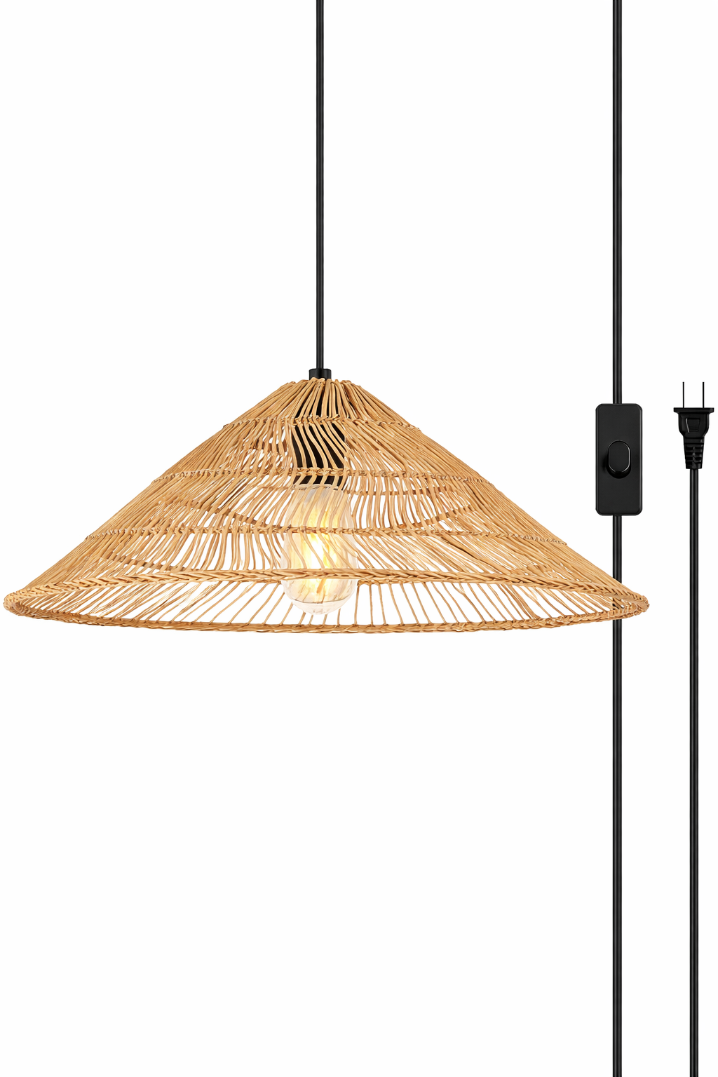 Black Rattan Pendant Light Wide Cone Plug-in Wicker Hanging Lamp Modern Boho
