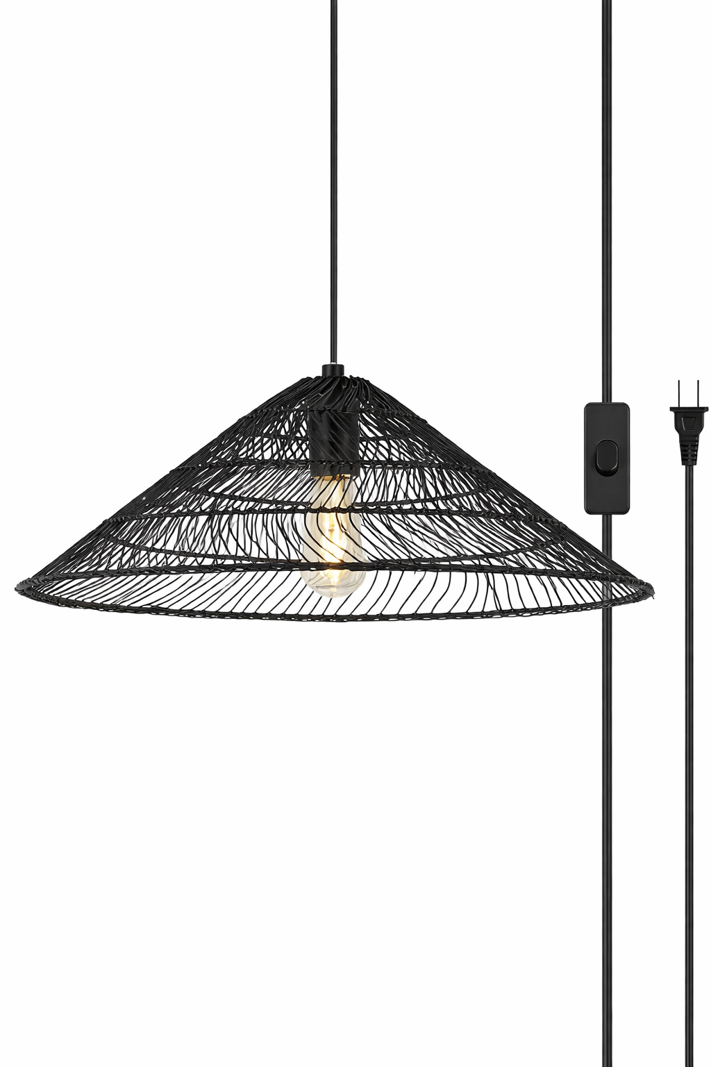Wide Cone Rattan Pendant Light Plug-in Wicker Hanging Lamp Boho Style