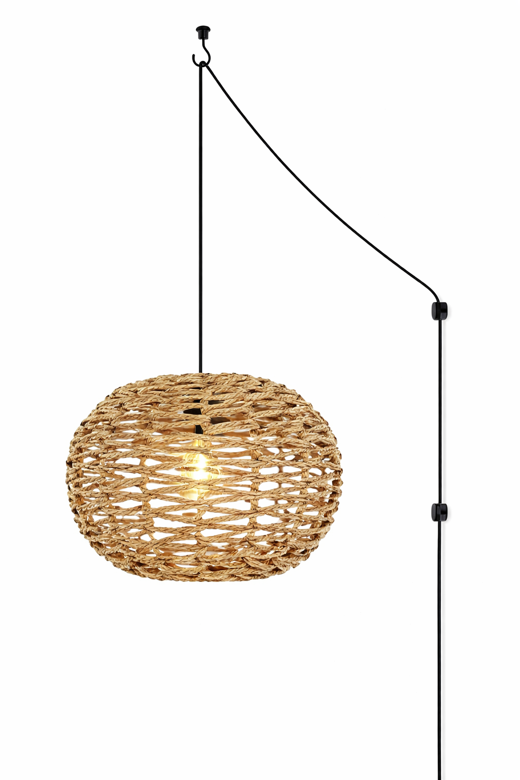 Adjustable Plug-in Rattan Pendant Light Wall Hook Hanging Wicker Lamp Boho Style