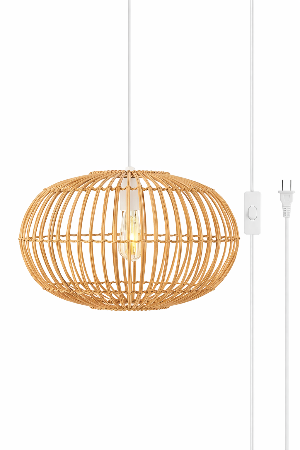 Modern Open Frame Rattan Pendant Light Oval Cage Wicker Hanging Lamp Plug-in