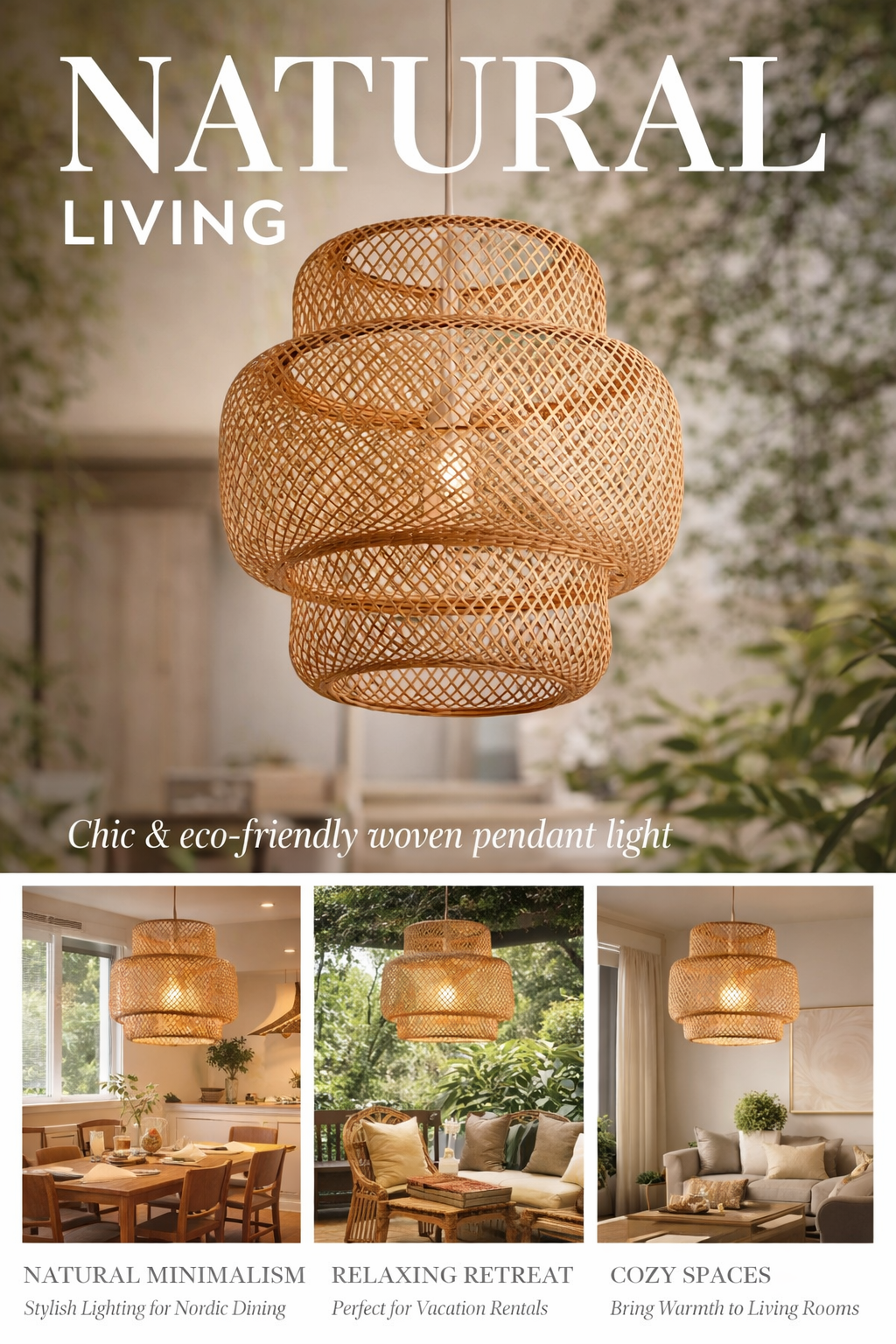 Creative Double Layer Rattan Pendant Light Boho Wicker Hanging Lamp Natural Ceiling Light