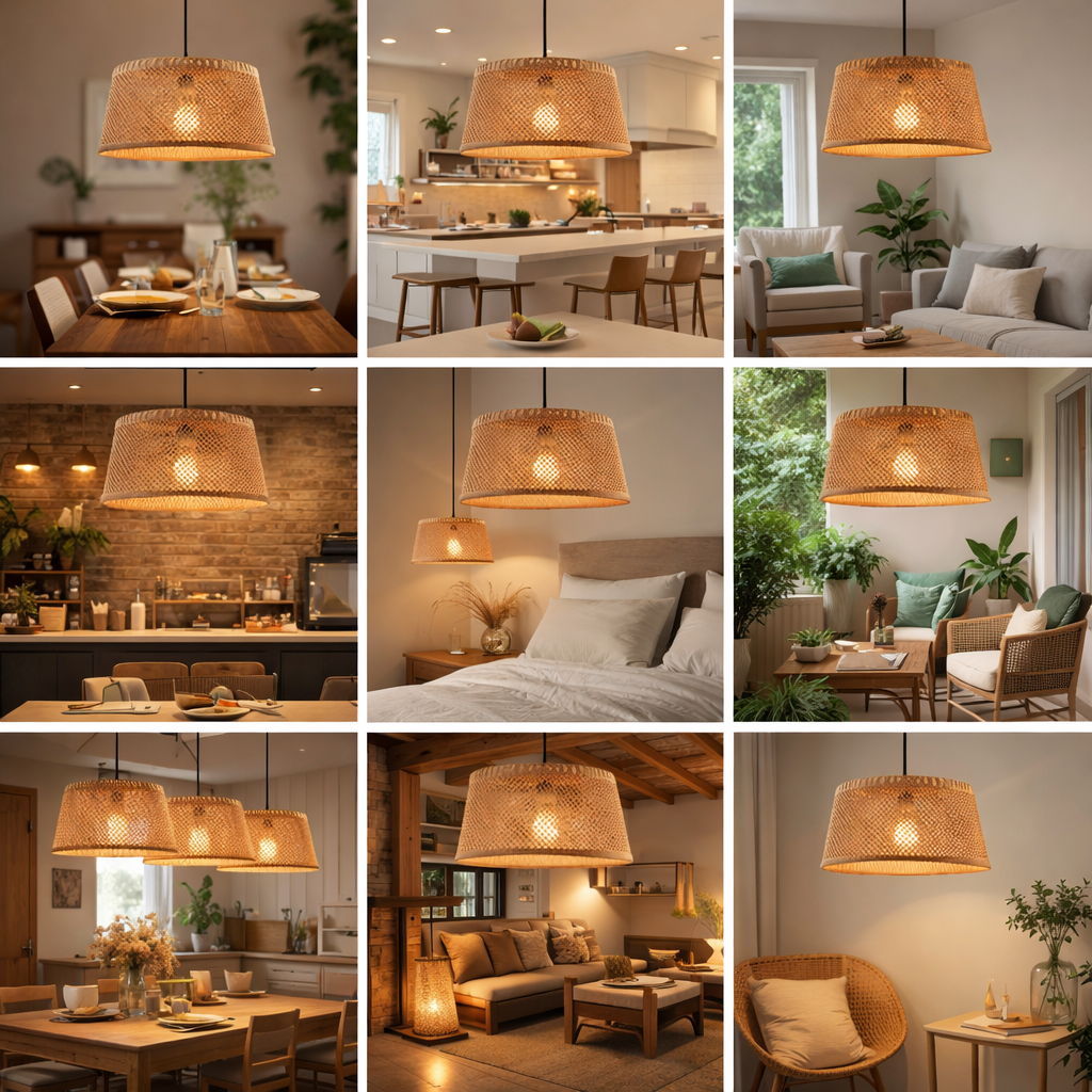 Boho Handwoven Rattan Pendant Light Drum Shade Natural Wicker Hanging Lamp
