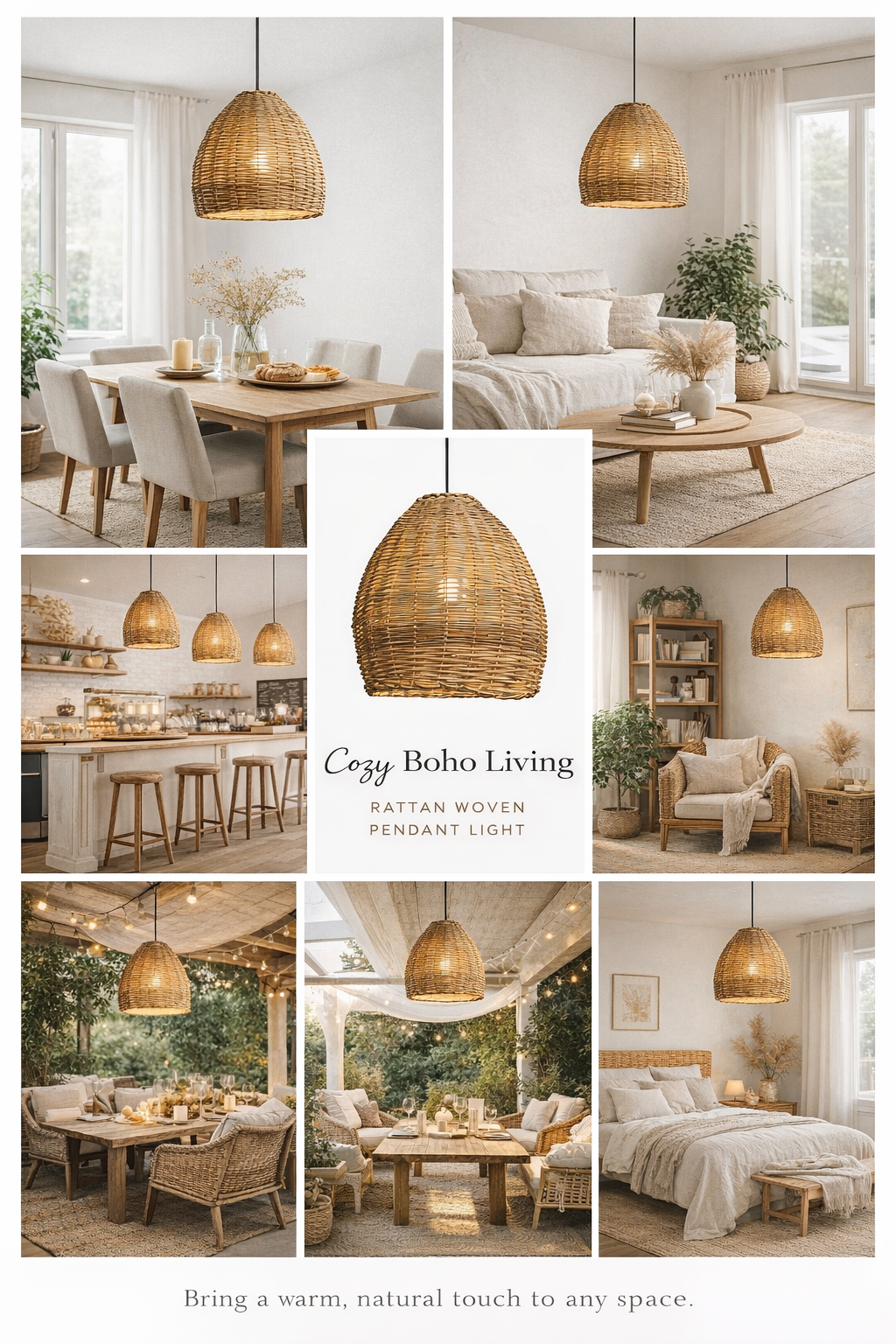 Nordic Handwoven Rattan Pendant Light Bell Shape Natural Wicker Hanging Lamp