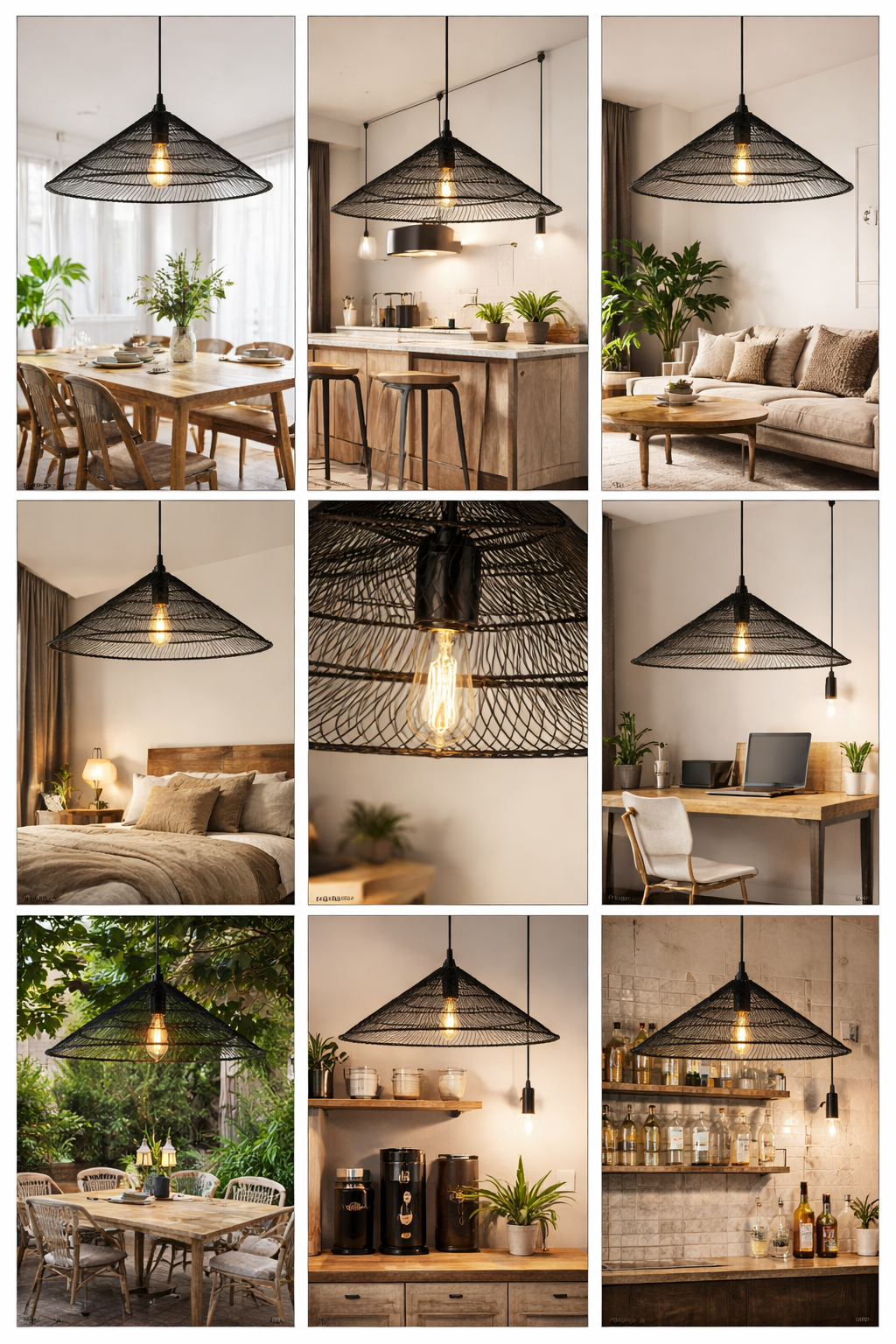 Wide Cone Rattan Pendant Light Plug-in Wicker Hanging Lamp Boho Style