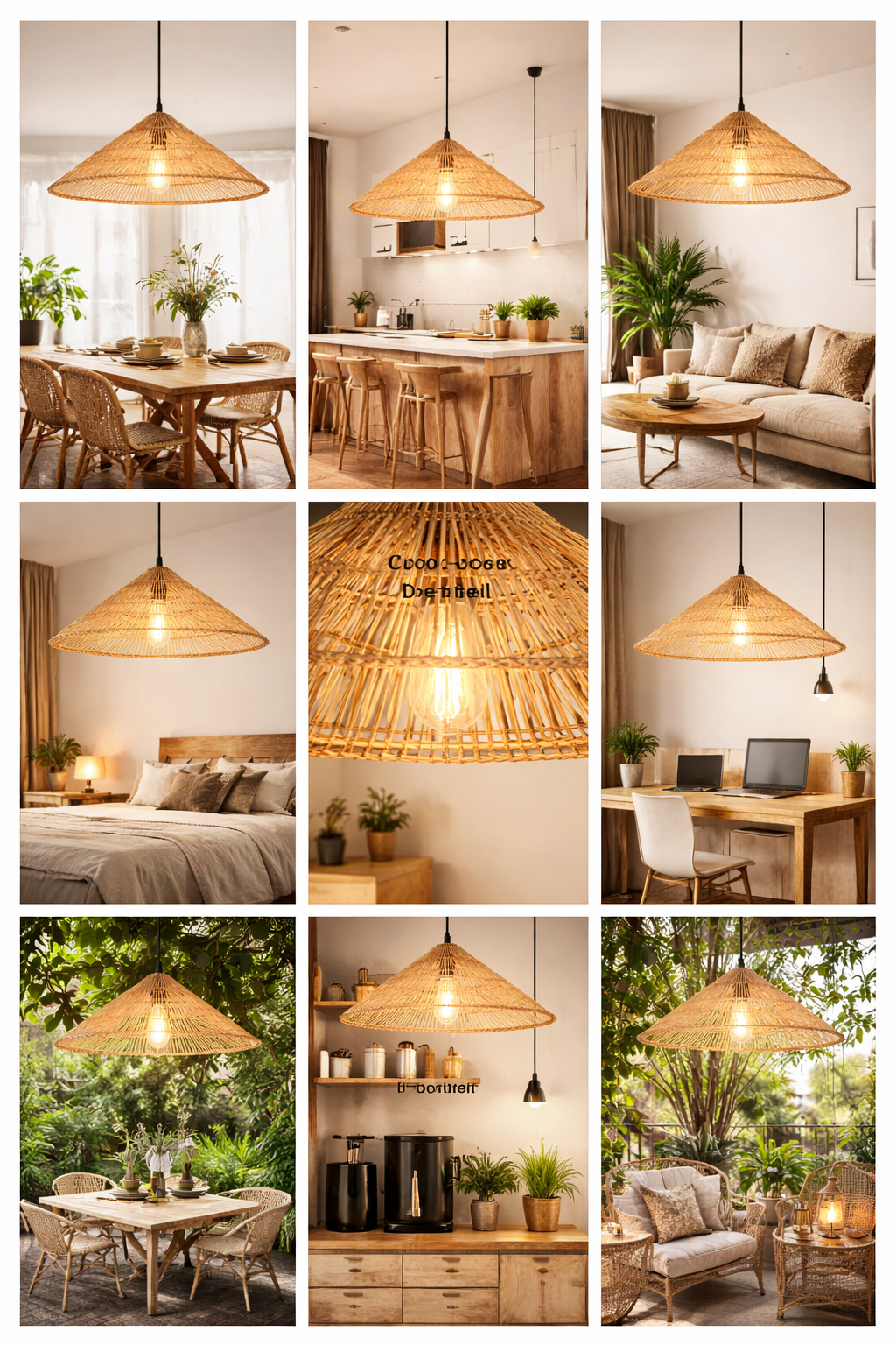 Black Rattan Pendant Light Wide Cone Plug-in Wicker Hanging Lamp Modern Boho