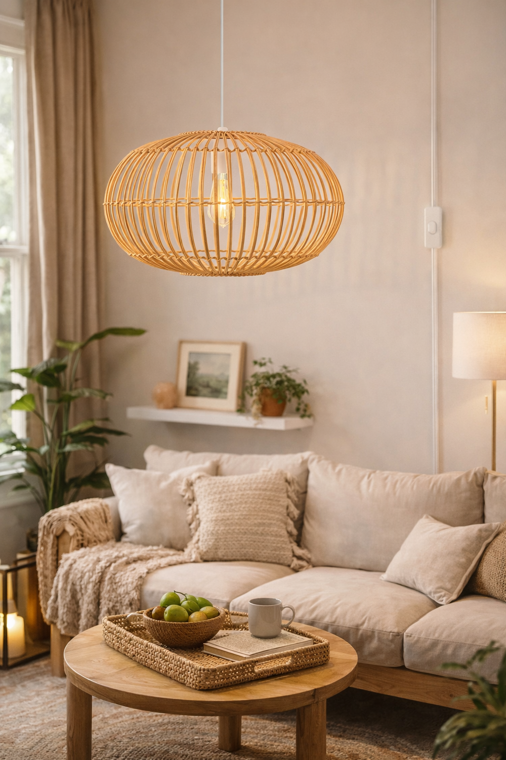 Modern Open Frame Rattan Pendant Light Oval Cage Wicker Hanging Lamp Plug-in