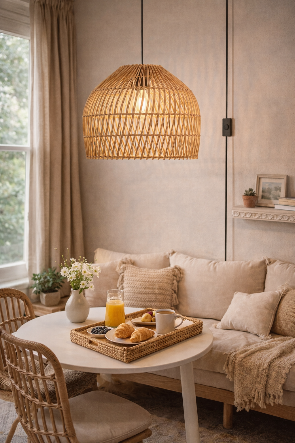 Wholesale Rattan Pendant Light Tall Cage Shape Wicker Hanging Lamp Supplier