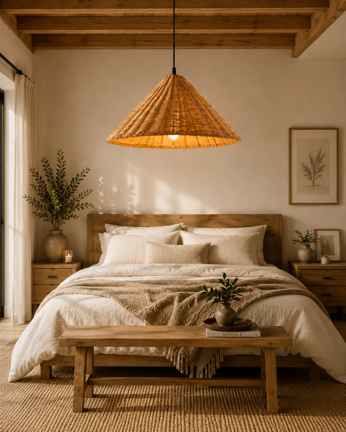 Commercial Wabi Sabi Handwoven Rattan Cone Pendant Light