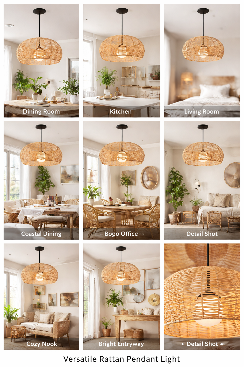 Modern Handwoven Rattan Pendant Light Natural Wicker Ceiling Lamp