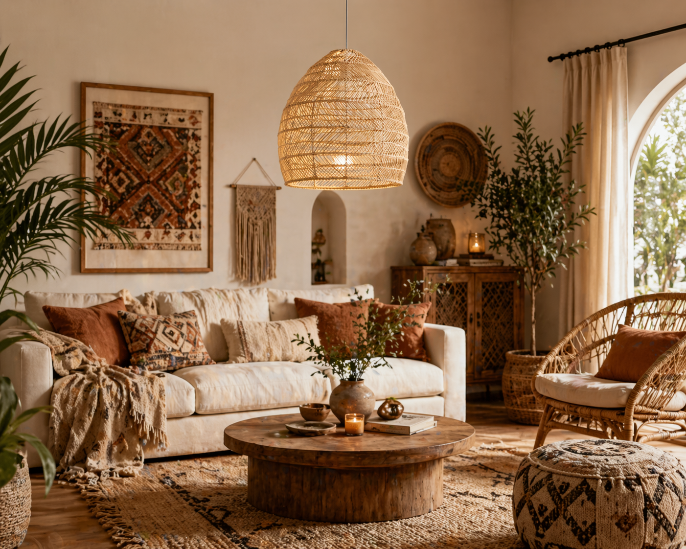 Natural Handwoven Rattan Pendant Light Dome Boho Ceiling Lamp