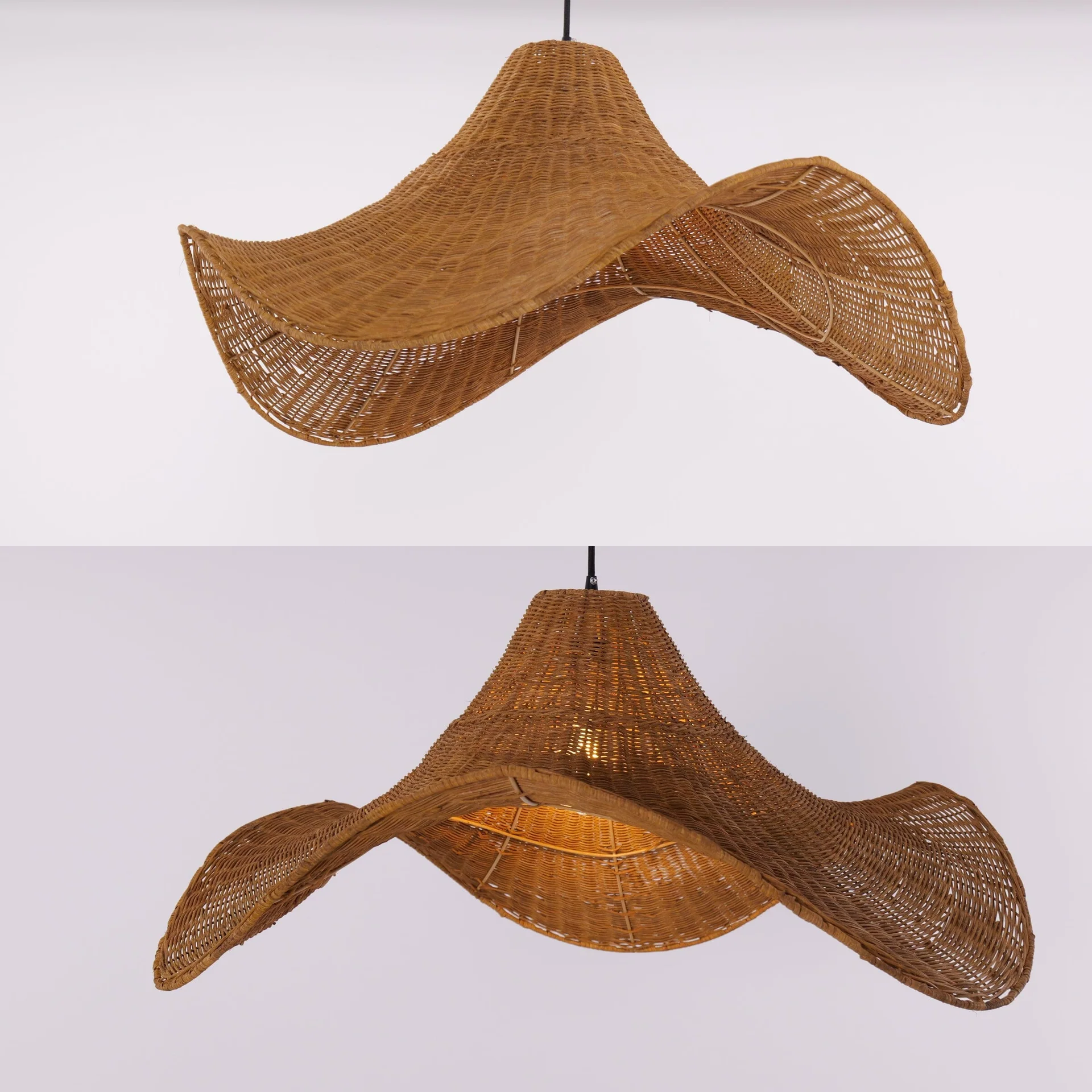 Large Wave Shape Rattan Pendant Light 80cm Handwoven Wicker Ceiling Lamp Boho Hanging Light