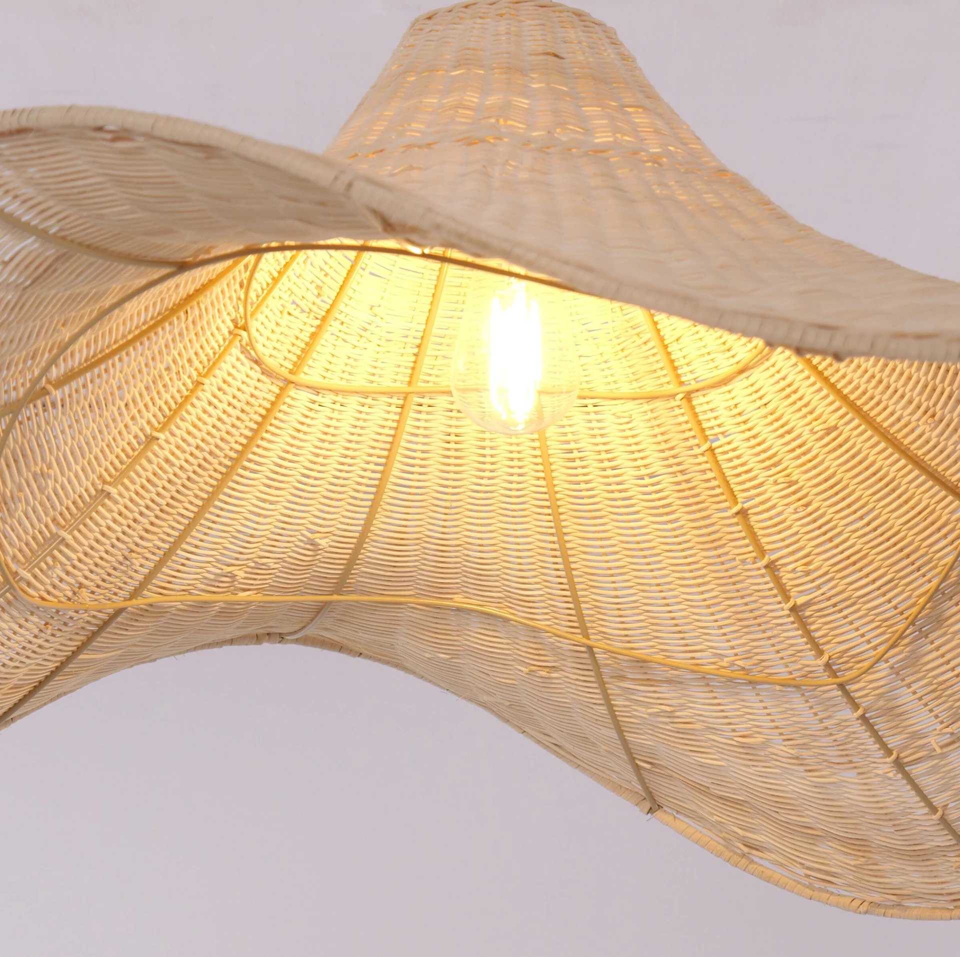 Large Wave Shape Rattan Pendant Light 80cm Handwoven Wicker Ceiling Lamp Boho Hanging Light