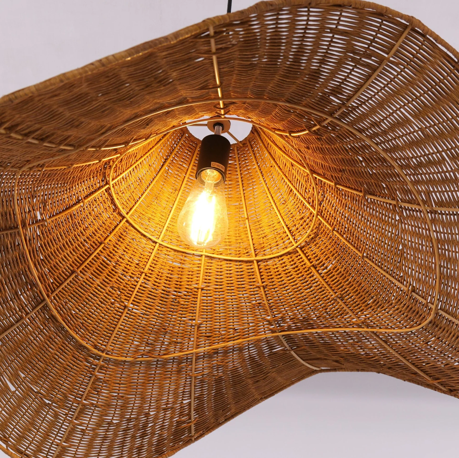Large Wave Shape Rattan Pendant Light 80cm Handwoven Wicker Ceiling Lamp Boho Hanging Light