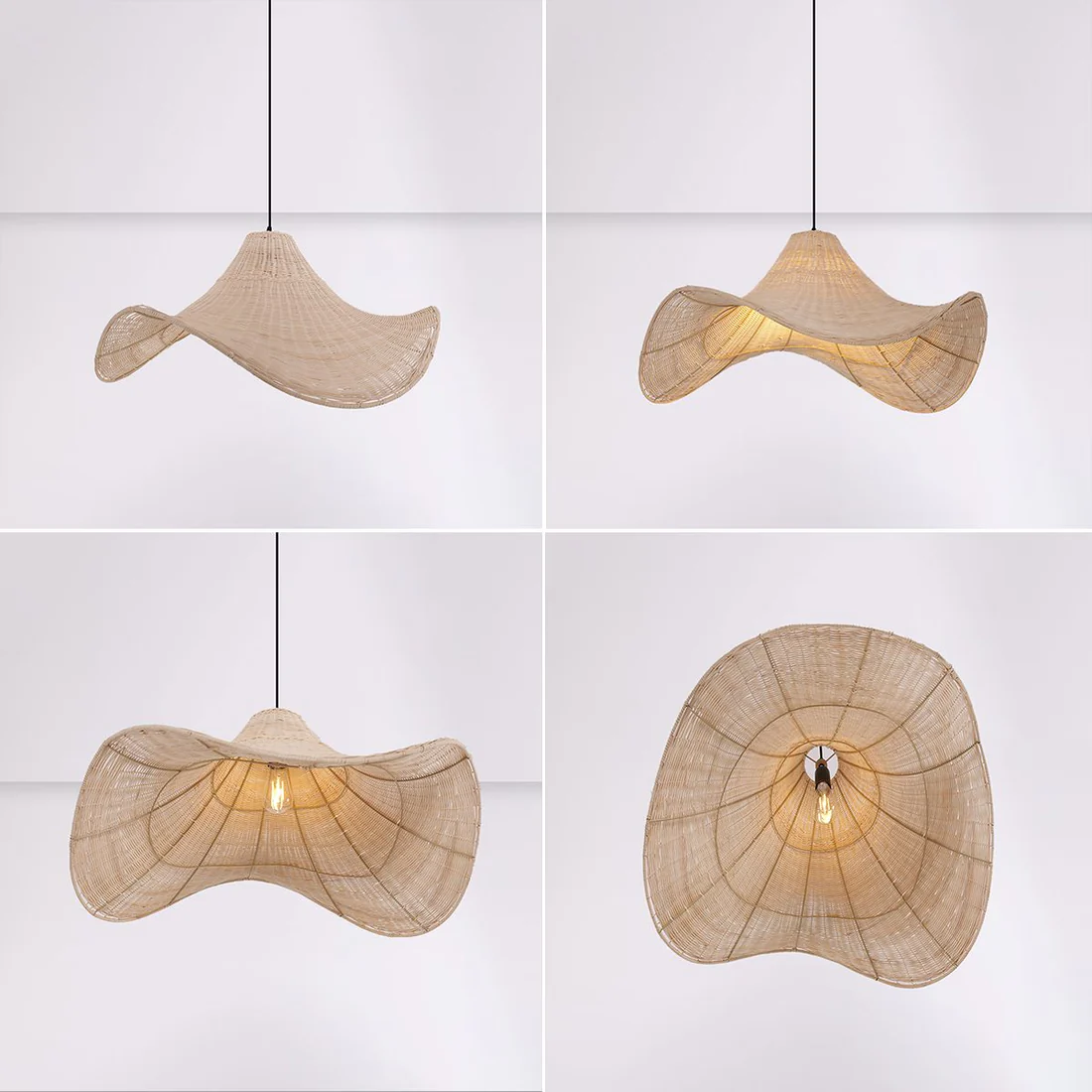 Large Wave Shape Rattan Pendant Light 80cm Handwoven Wicker Ceiling Lamp Boho Hanging Light