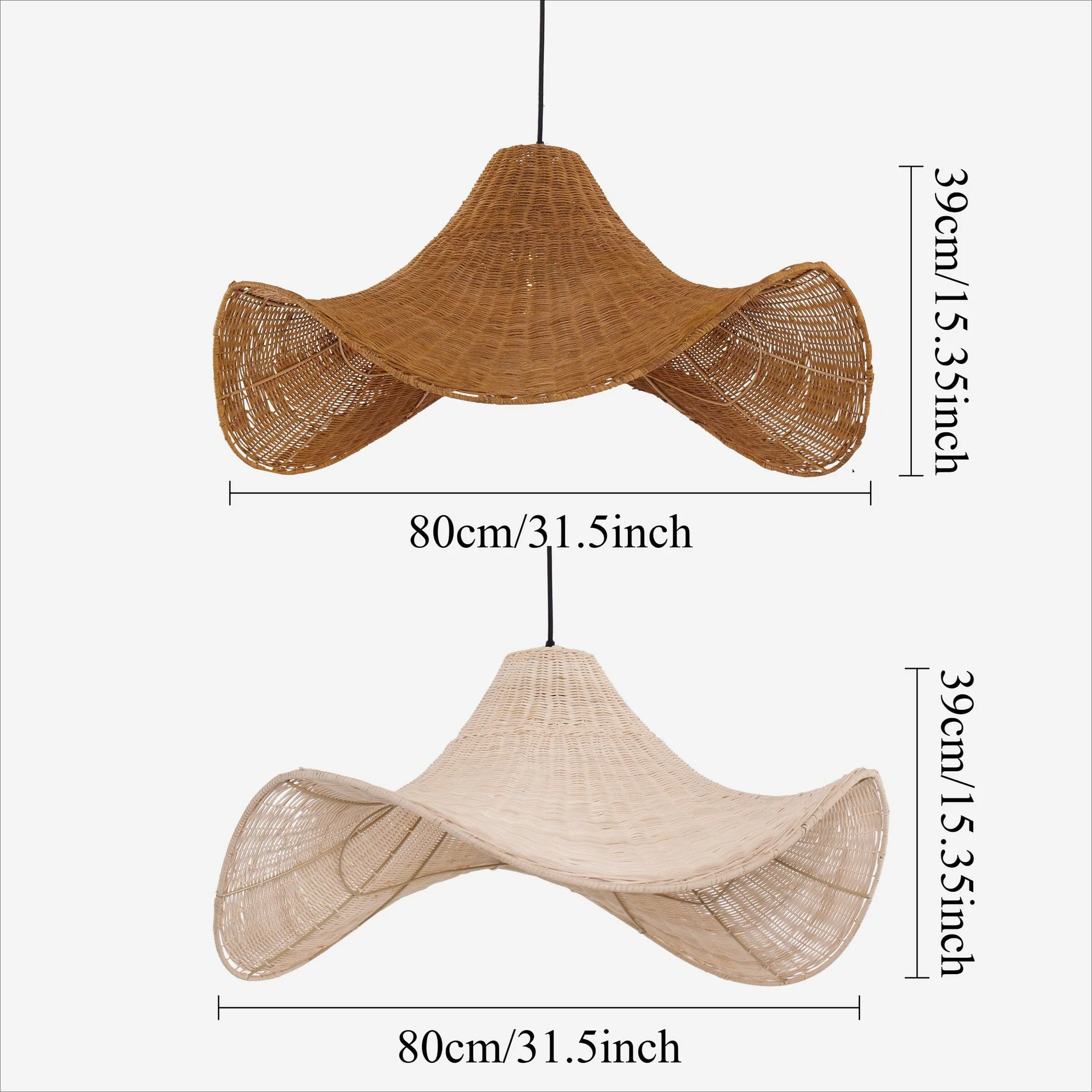 Large Wave Shape Rattan Pendant Light 80cm Handwoven Wicker Ceiling Lamp Boho Hanging Light