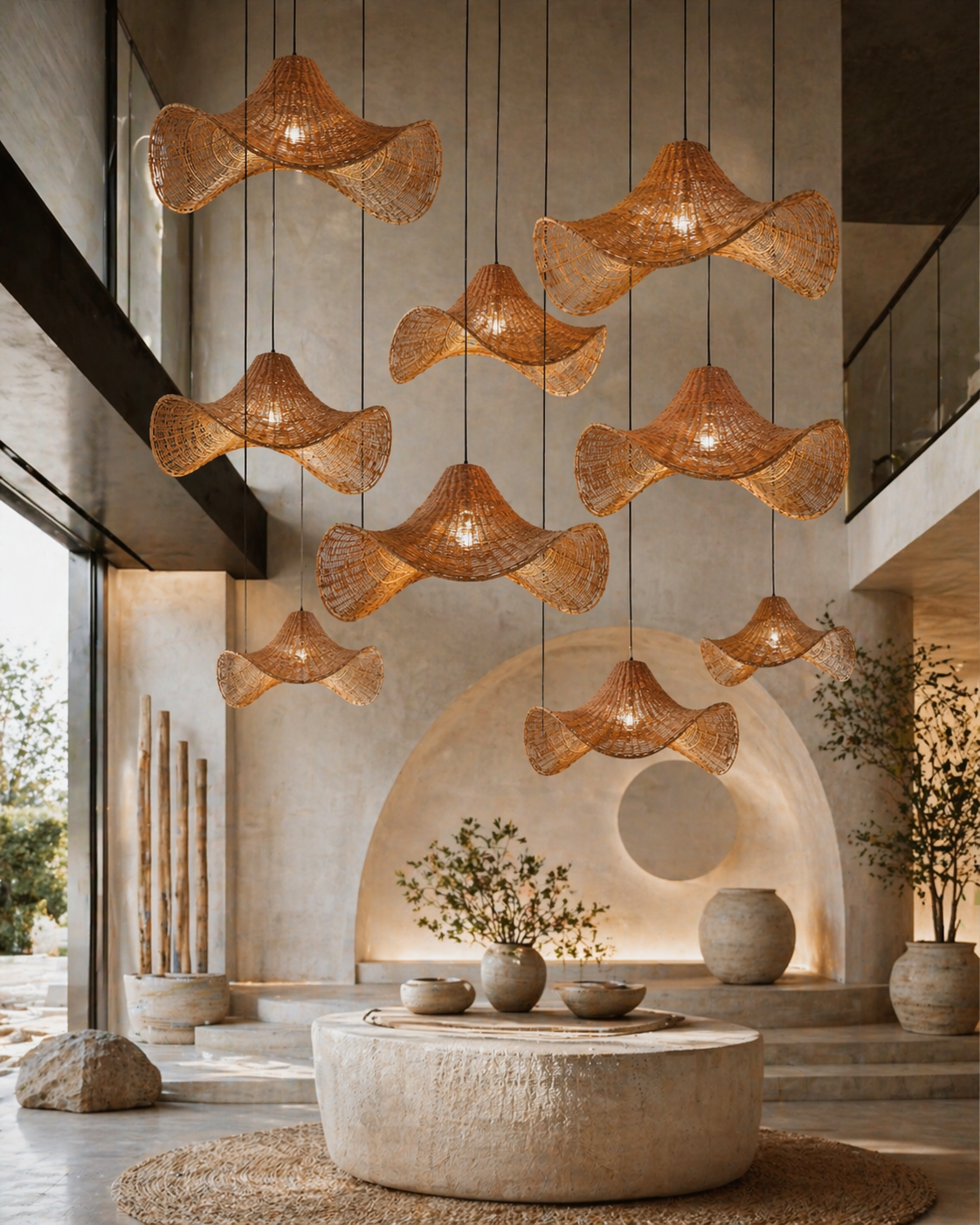 Large Wave Shape Rattan Pendant Light 80cm Handwoven Wicker Ceiling Lamp Boho Hanging Light