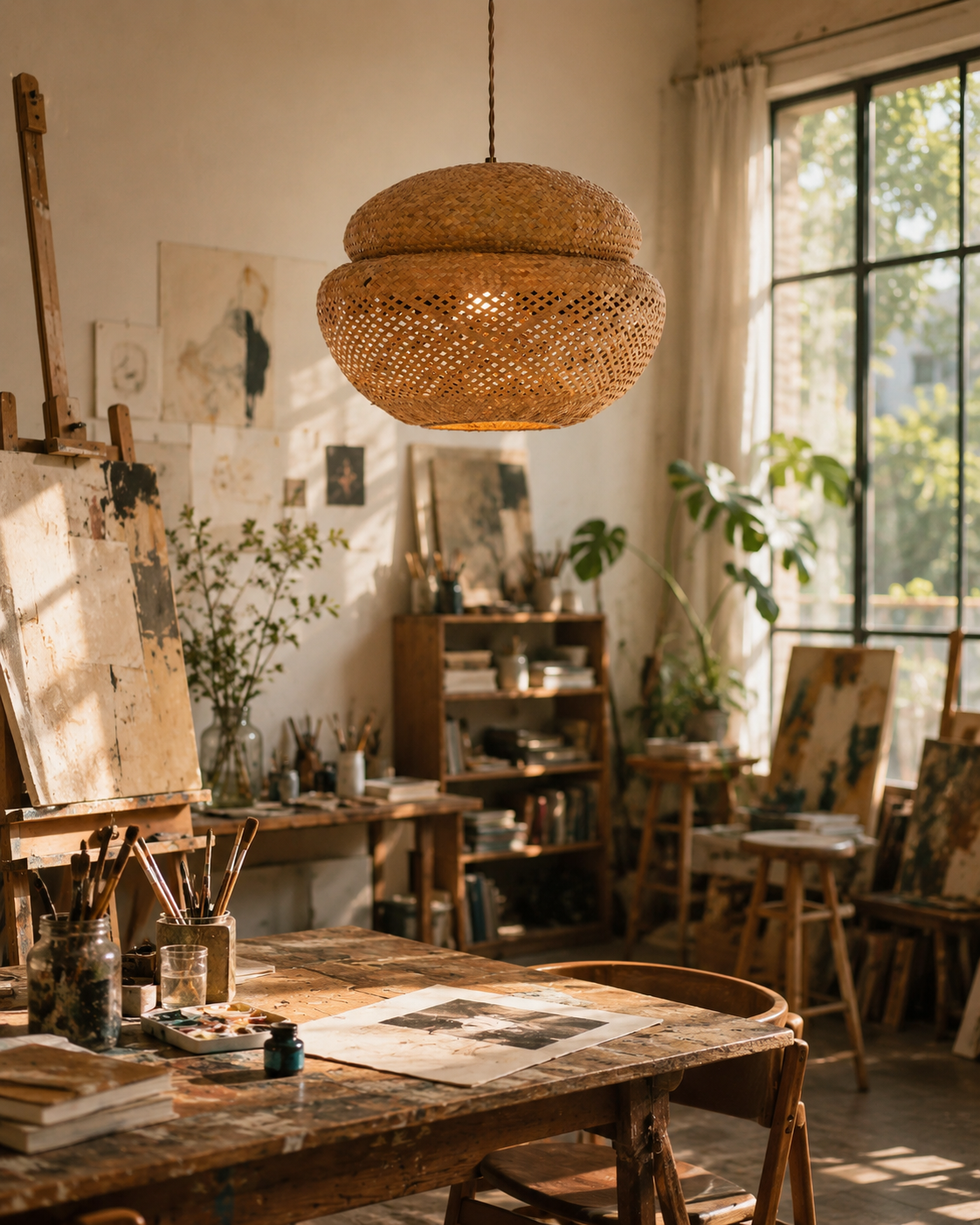Boho Handwoven Rattan Pendant Light – Rustic Bamboo Hanging Ceiling Lamp for Living Room Dining Room