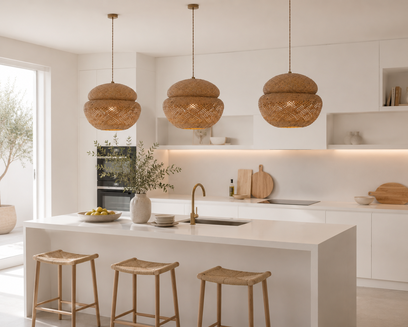 Boho Handwoven Rattan Pendant Light – Rustic Bamboo Hanging Ceiling Lamp for Living Room Dining Room