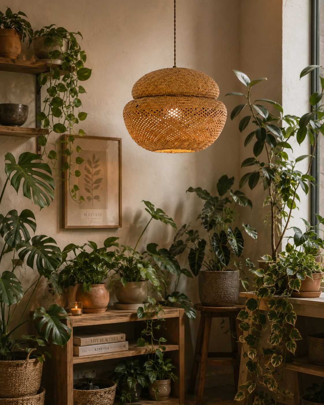 Boho Handwoven Rattan Pendant Light – Rustic Bamboo Hanging Ceiling Lamp for Living Room Dining Room