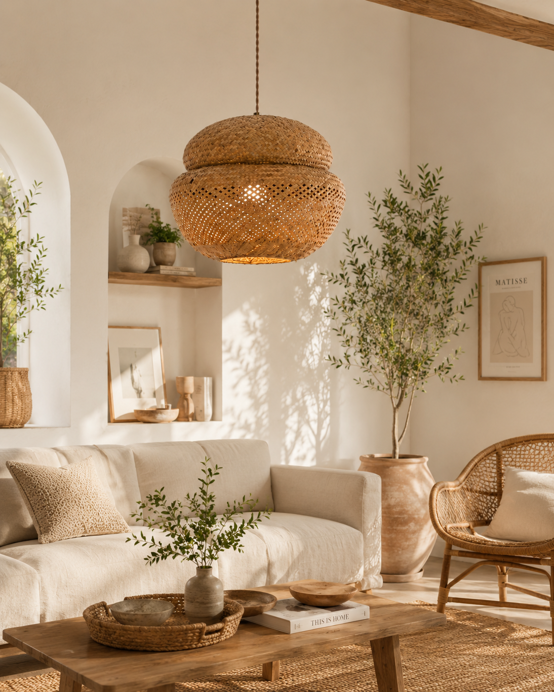 Boho Handwoven Rattan Pendant Light – Rustic Bamboo Hanging Ceiling Lamp for Living Room Dining Room