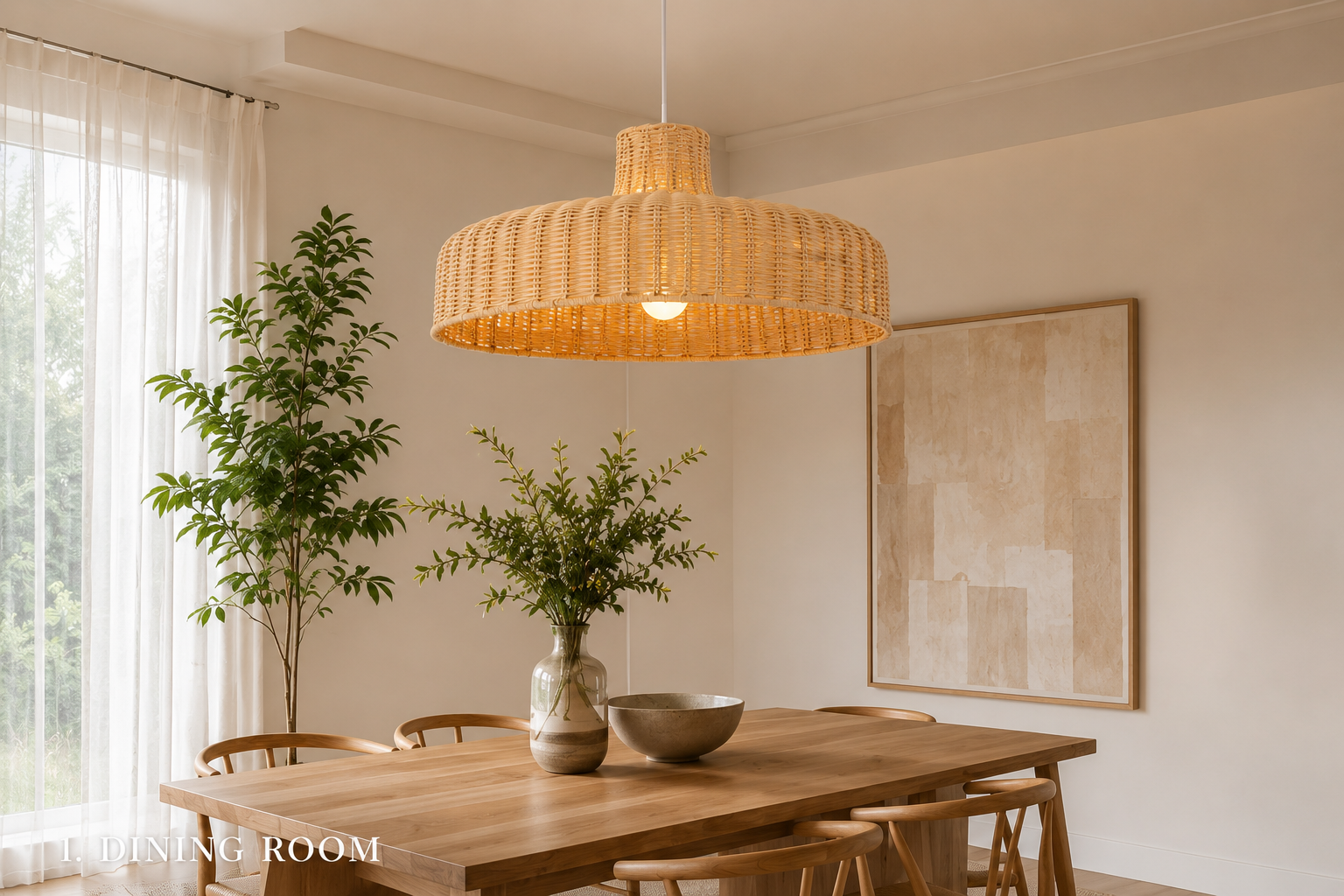 Minimalist Rattan Pendant Light – Handmade Flat Woven Ceiling Lamp for Dining Room Kitchen Cafe