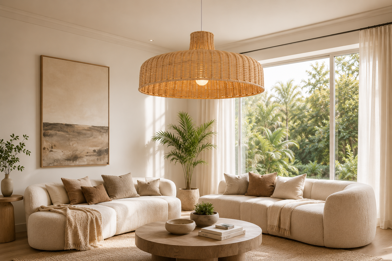 Minimalist Rattan Pendant Light – Handmade Flat Woven Ceiling Lamp for Dining Room Kitchen Cafe