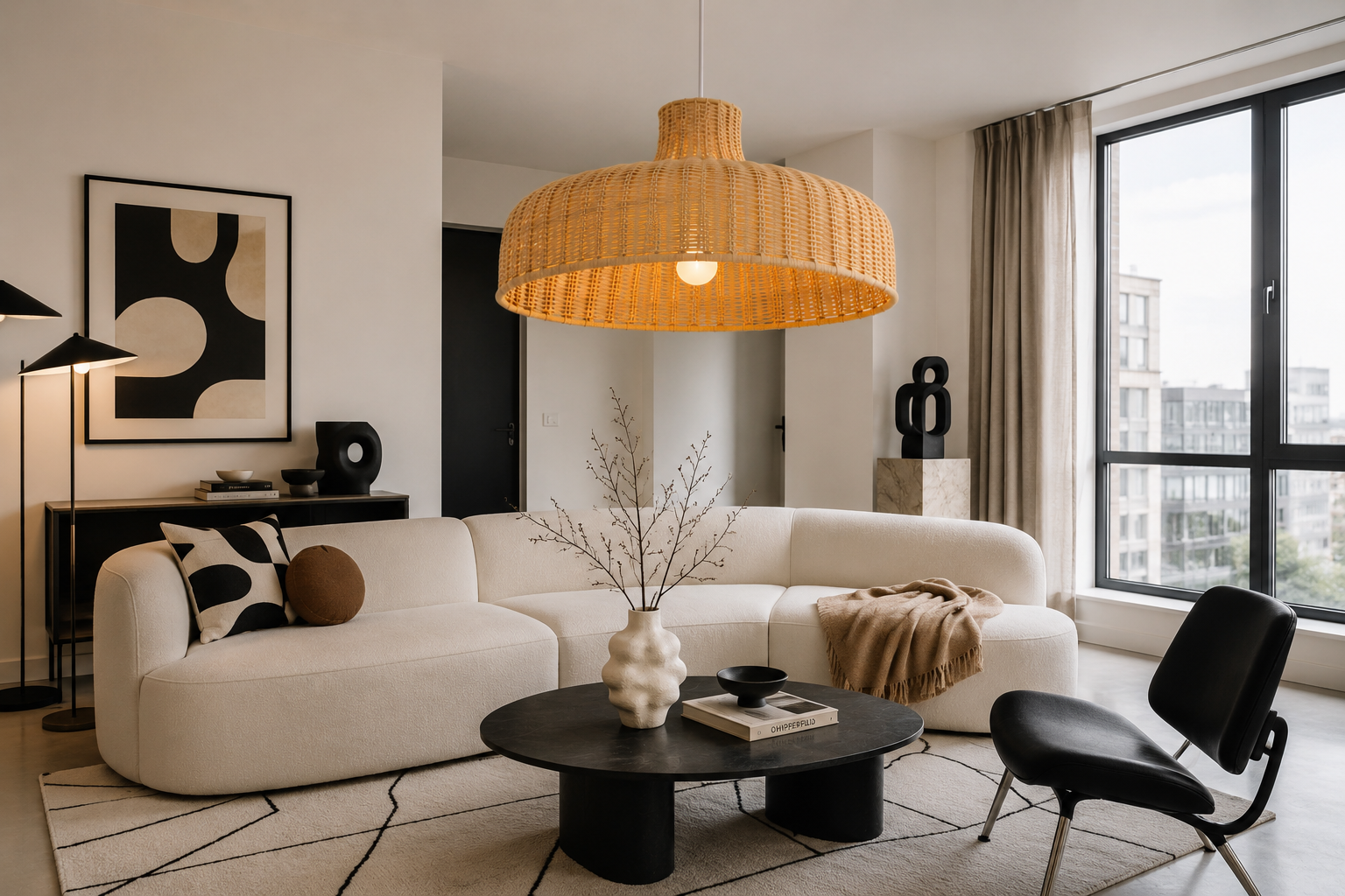 Minimalist Rattan Pendant Light – Handmade Flat Woven Ceiling Lamp for Dining Room Kitchen Cafe