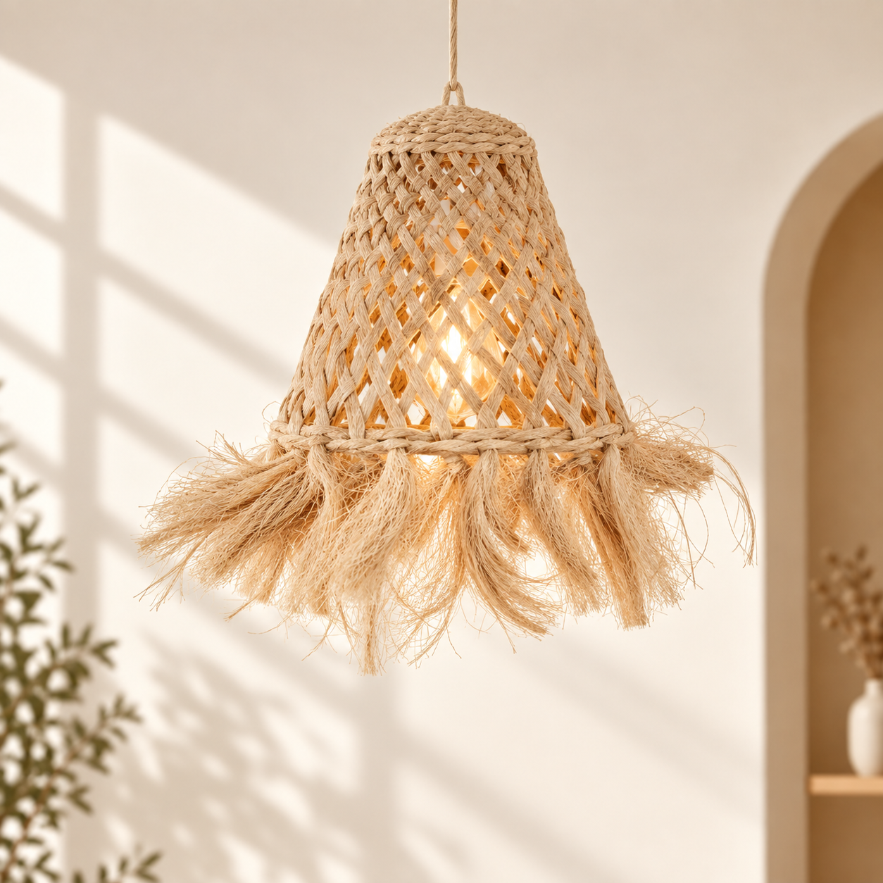 Handwoven Natural Fiber Fringe Pendant Lampshade for Hospitality & Retail Projects