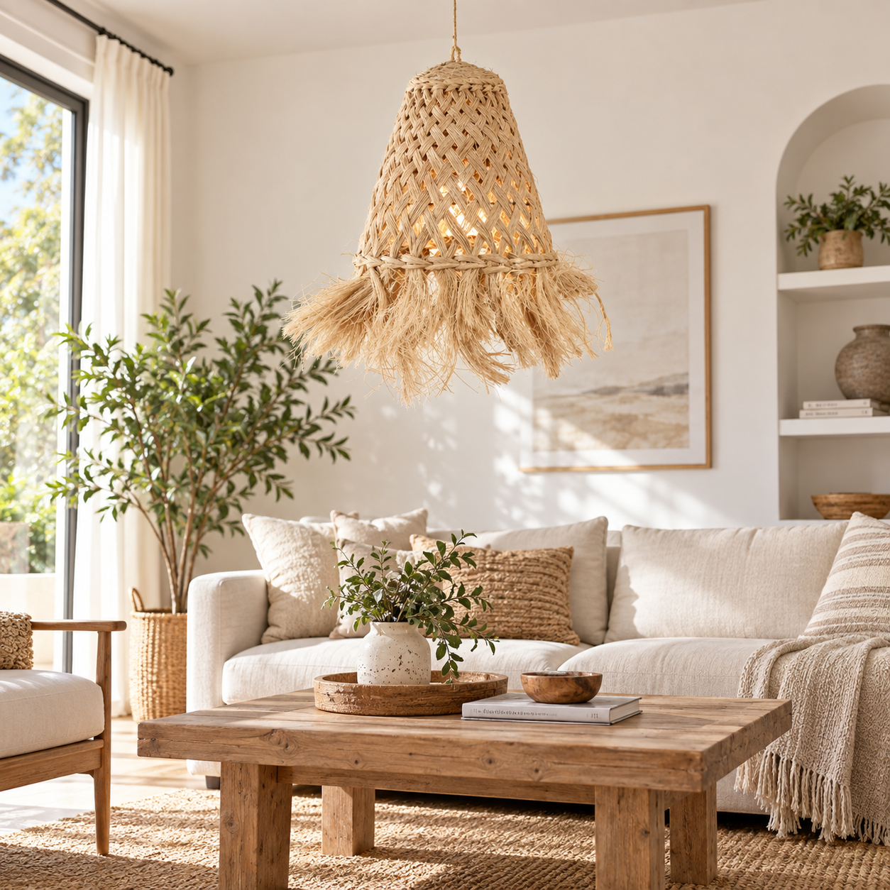 Handwoven Natural Fiber Fringe Pendant Lampshade for Hospitality & Retail Projects