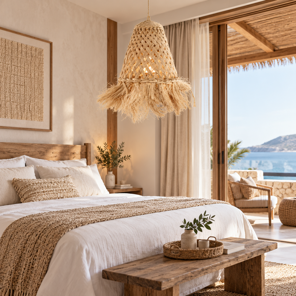 Handwoven Natural Fiber Fringe Pendant Lampshade for Hospitality & Retail Projects