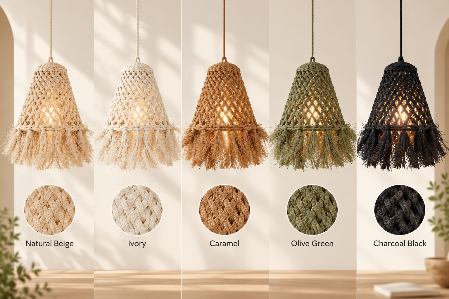 Handwoven Natural Fiber Fringe Pendant Lampshade for Hospitality & Retail Projects