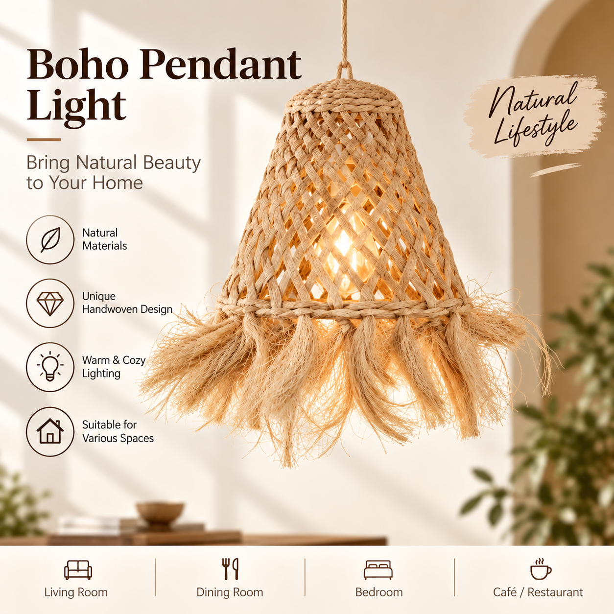 Handwoven Natural Fiber Fringe Pendant Lampshade for Hospitality & Retail Projects