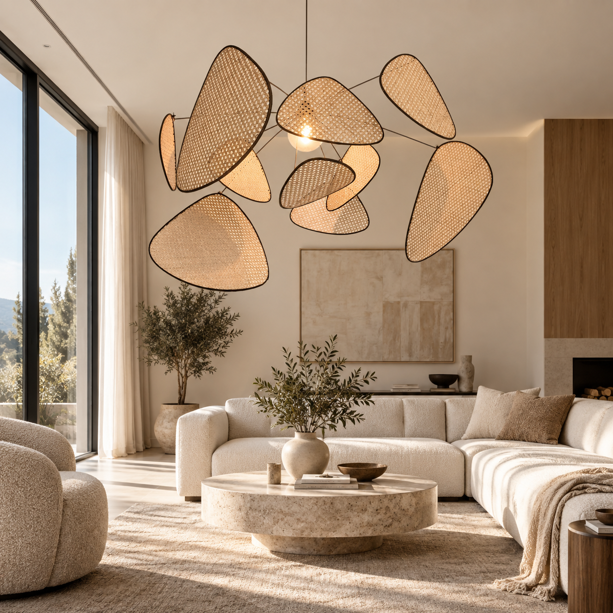 Sculptural Handwoven Rattan Multi-Panel Pendant Chandelier for Hospitality & Retail Projects