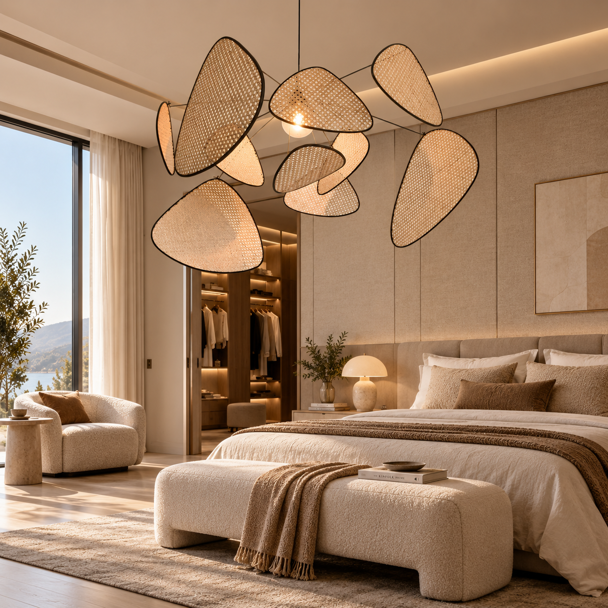 Sculptural Handwoven Rattan Multi-Panel Pendant Chandelier for Hospitality & Retail Projects