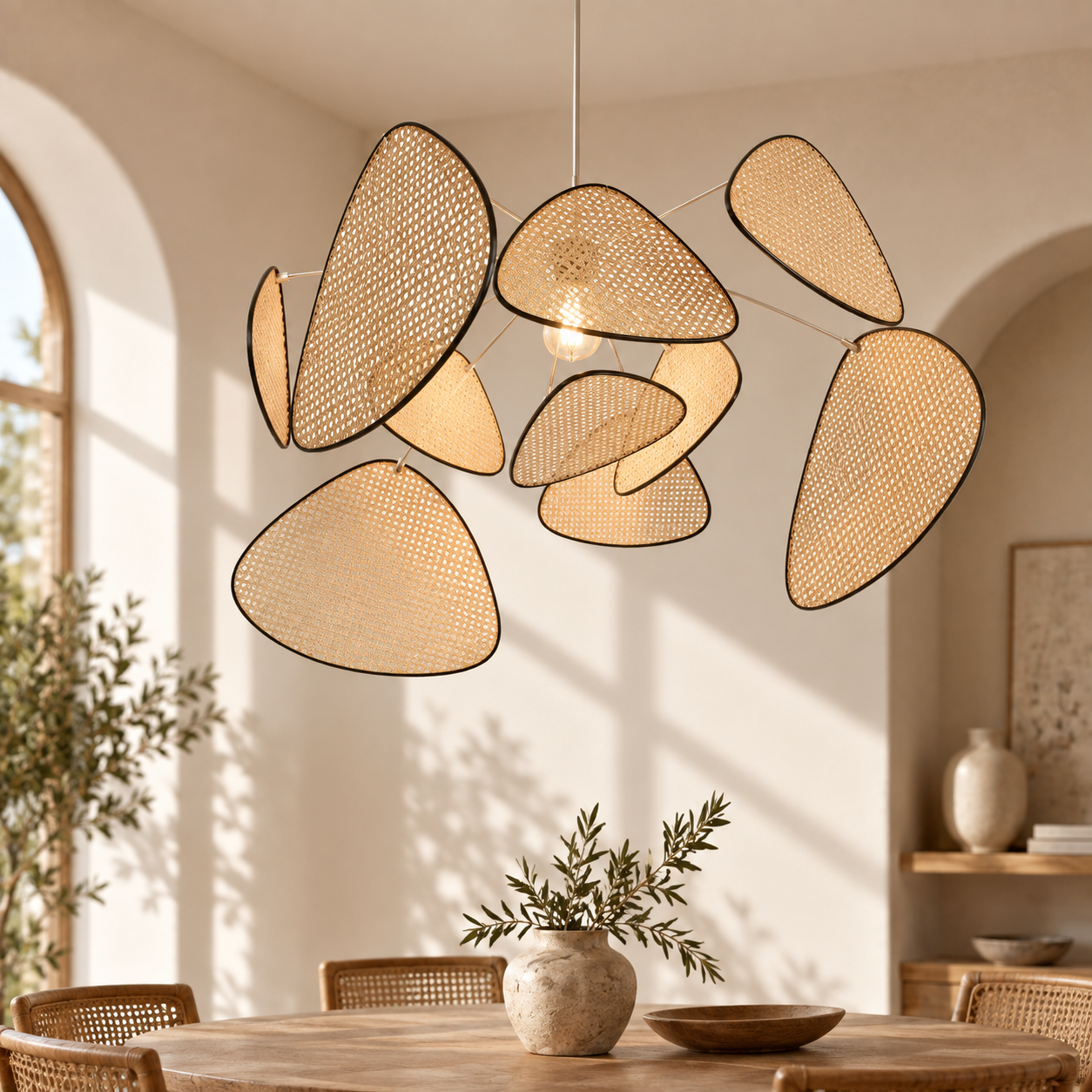 Sculptural Handwoven Rattan Multi-Panel Pendant Chandelier for Hospitality & Retail Projects